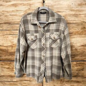 Blue B Green/Brown/Cream Button Up Large Shirt/ Fringed Bottom